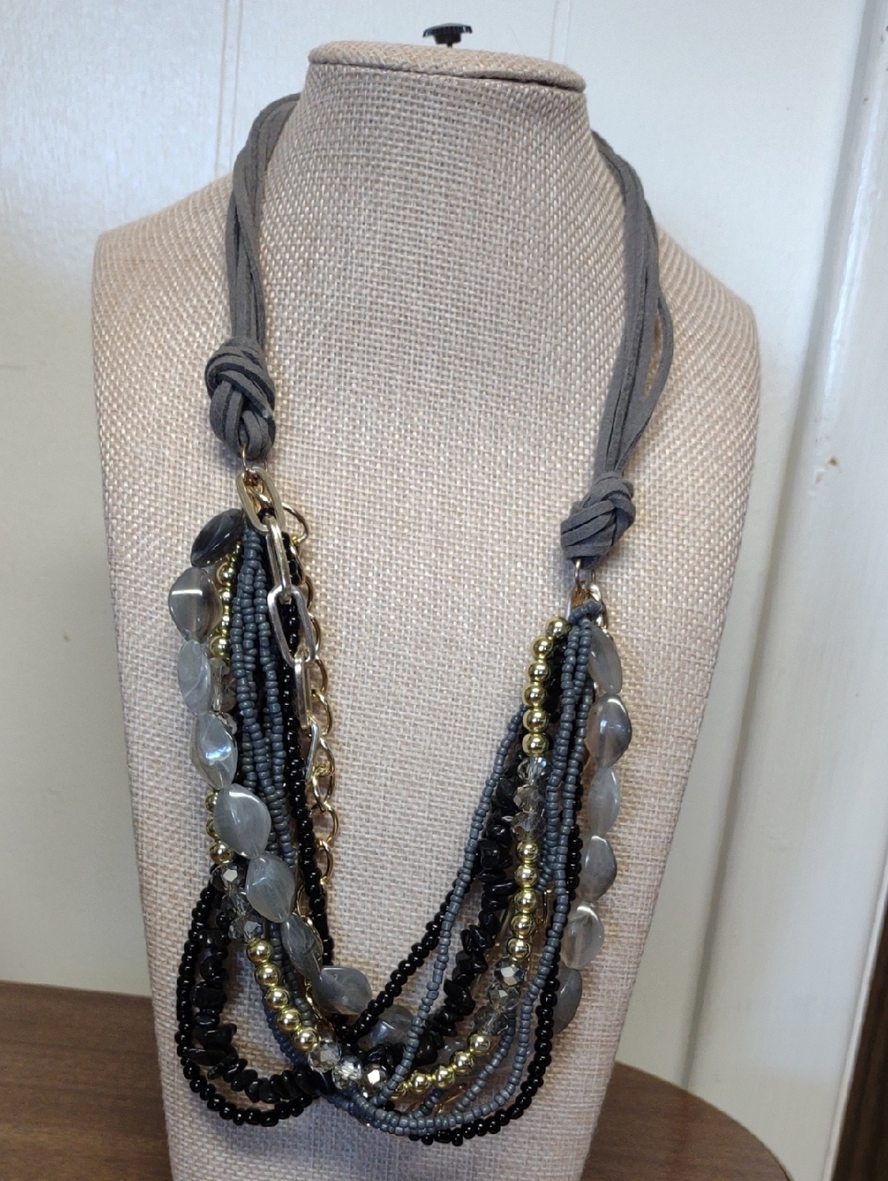 Multi-Strand Gray and Gold Tone Mixed Media Statement Necklace - Picture 1 of 3